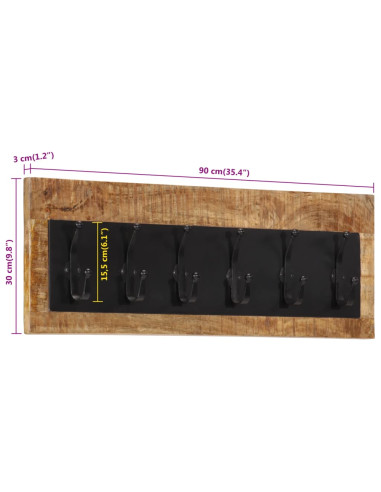 Appendiabiti da Parete con 6 Ganci in Legno Massello di Mango
