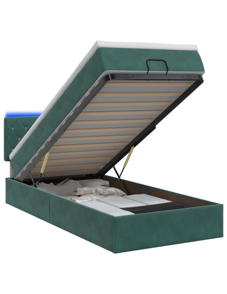 Letto Ottomano con Materasso e LED Verde Scuro 90 x 190 cm