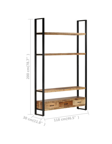 Libreria 118x30x200 cm in Legno Massello di Mango Grezzo