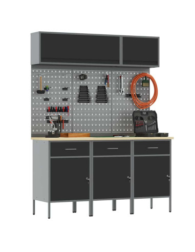 Set di mobili da lavoro con cassetto con blocco 8 pz Nero