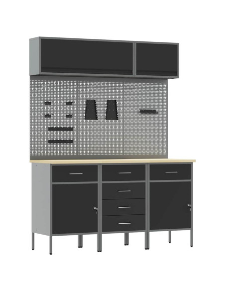 Set di mobili da lavoro con cassetto con blocco 8 pz Nero