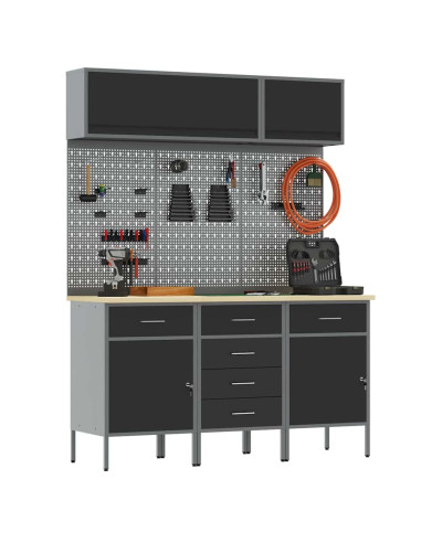 Set di mobili da lavoro con cassetto con blocco 8 pz Nero