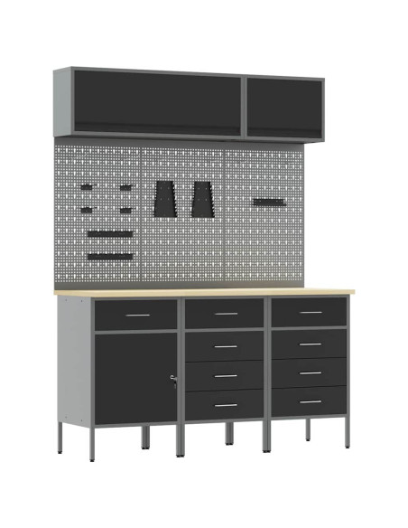 Set di mobili da lavoro con cassetto con blocco 8 pz Nero