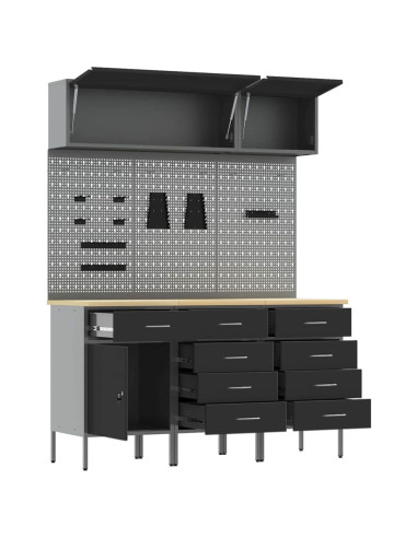 Set di mobili da lavoro con cassetto con blocco 8 pz Nero