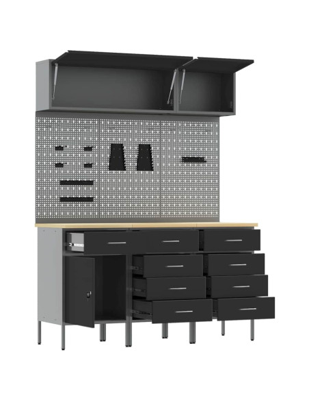 Set di mobili da lavoro con cassetto con blocco 8 pz Nero