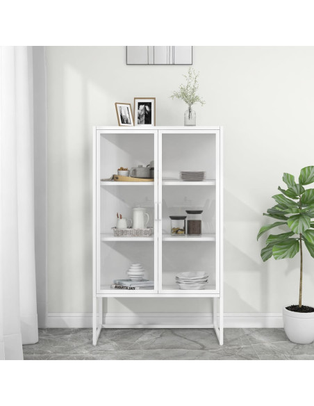 Credenza Alta Bianca 80x35x135 cm Acciaio e Vetro Temperato