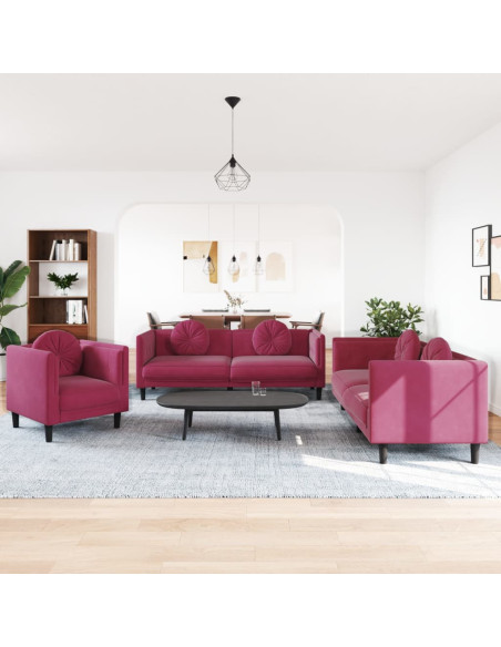 Set di Divani 3 pz con Cuscini Rosso Vino in Velluto