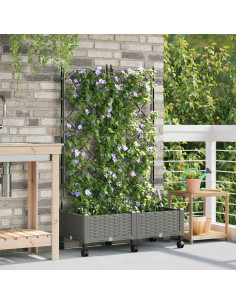 Vaso da giardino con grigliato e ruote 2 pz Grigio Chiaro PP