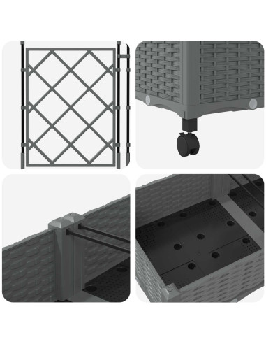 Vaso da giardino con grigliato e ruote 3 pz Grigio Chiaro PP