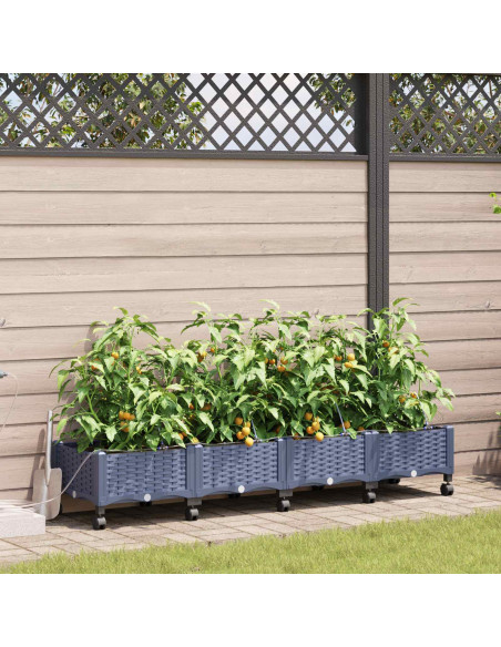 Vaso da Giardino con Irrigazione e Ruote 4 pz Grigio PP