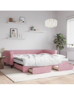 Divano Letto Estraibile con Cassetti Rosa 100x200 cm Velluto