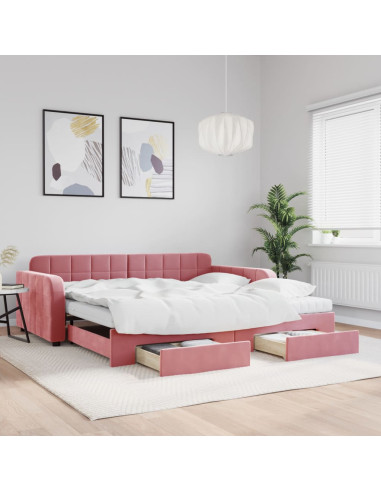 Divano Letto Estraibile con Cassetti Rosa 100x200 cm Velluto