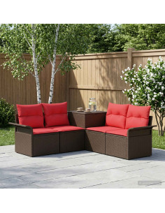 Set di divani 5 pz Marrone e Rosso Rattan sintetico e Acciaio