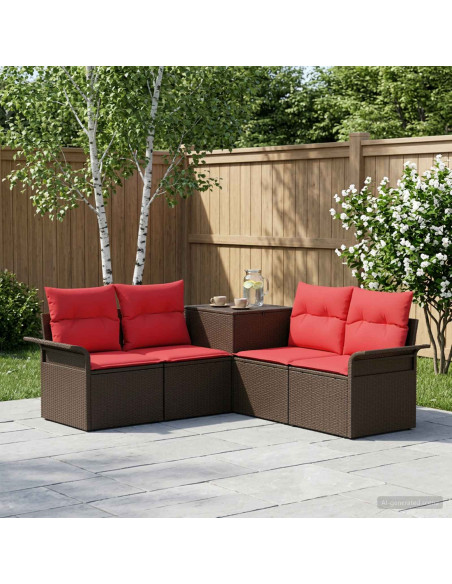 Set di divani 5 pz Marrone e Rosso Rattan sintetico e Acciaio