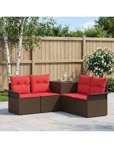 Set di divani 5 pz Marrone e Rosso Rattan sintetico e Acciaio
