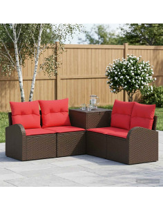 Set di divani 5 pz Marrone e Rosso Rattan sintetico e Acciaio
