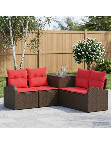 Set di divani 5 pz Marrone e Rosso Rattan sintetico e Acciaio