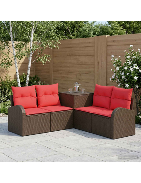 Set di divani 5 pz Marrone e Rosso Rattan sintetico e Acciaio