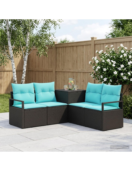 Set di divani 5 pz Nero e Blu Rattan sintetico e Acciaio