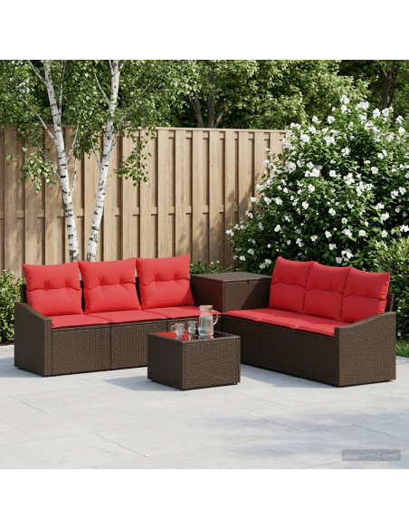 Set di divani 8 pz Marrone e Rosso Rattan sintetico e Acciaio