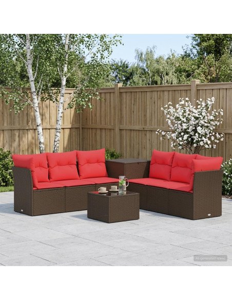 Set di divani 8 pz Marrone e Rosso Rattan sintetico e Acciaio