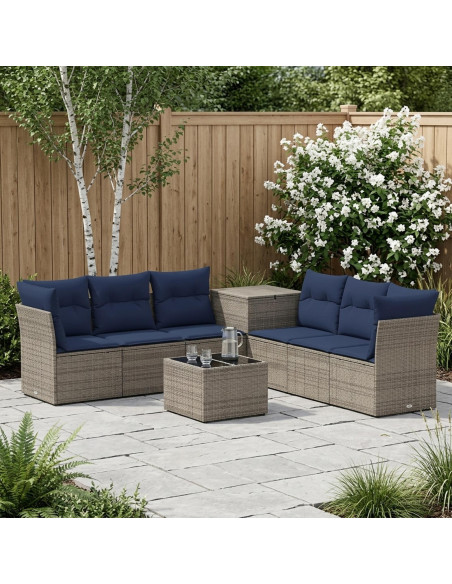Set di divani 8 pz Grigio e Blu Navy Rattan sintetico e Acciaio
