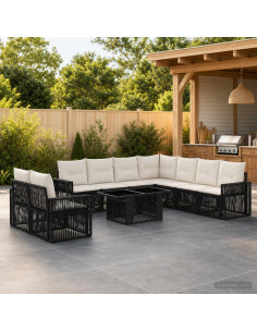 Set Divano da Giardino 10 pz Nero e Bianco Crema polyrattan
