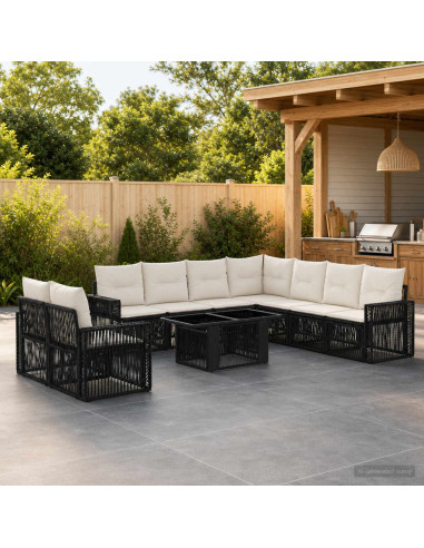 Set Divano da Giardino 10 pz Nero e Bianco Crema polyrattan