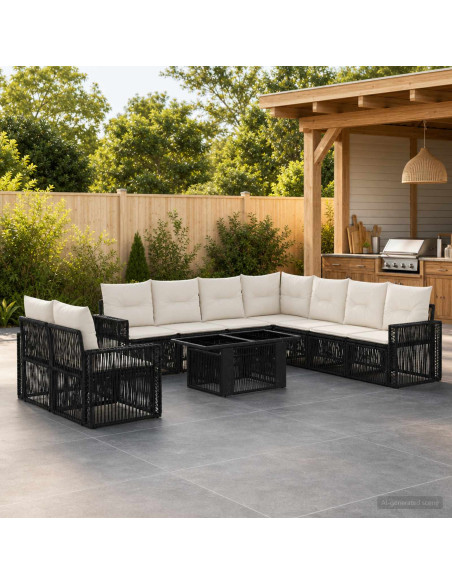 Set Divano da Giardino 10 pz Nero e Bianco Crema polyrattan