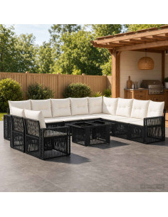 Set Divano da Giardino 11 pz Nero e Bianco Crema polyrattan