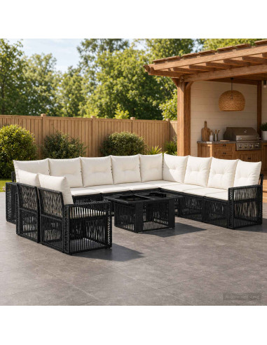 Set Divano da Giardino 11 pz Nero e Bianco Crema polyrattan