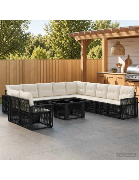 Set Divano da Giardino 12 pz Nero e Bianco Crema polyrattan