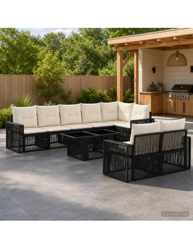 Set Divano da Giardino 9 pz Nero e Bianco Crema polyrattan
