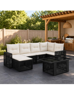 Set Divano da Giardino 7 pz Nero e Bianco Crema polyrattan