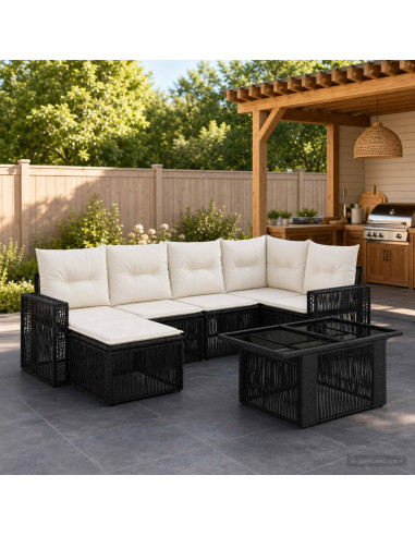 Set Divano da Giardino 7 pz Nero e Bianco Crema polyrattan