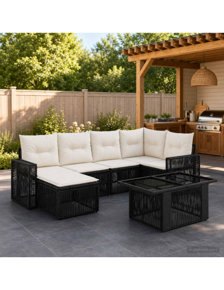 Set Divano da Giardino 7 pz Nero e Bianco Crema polyrattan