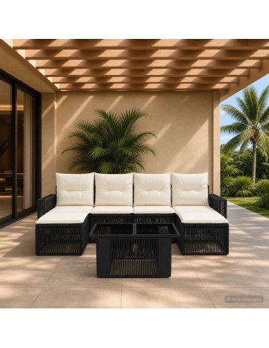 Set Divano da Giardino 7 pz Nero e Bianco Crema polyrattan