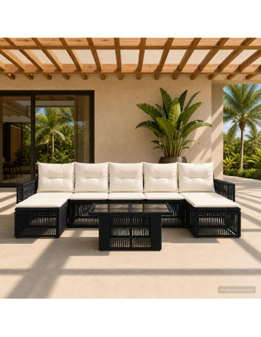 Set Divano da Giardino 8 pz Nero e Bianco Crema polyrattan