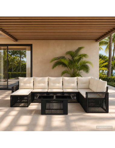 Set Divano da Giardino 9 pz Nero e Bianco Crema polyrattan