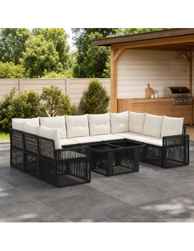 Set Divano da Giardino 10 pz Nero e Bianco Crema polyrattan