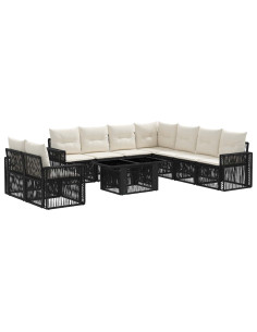Set Divano da Giardino 10 pz Nero e Bianco Crema polyrattan 2