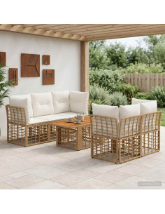 Set Divano da Giardino 6 pz Naturale e Bianco Crema polyrattan