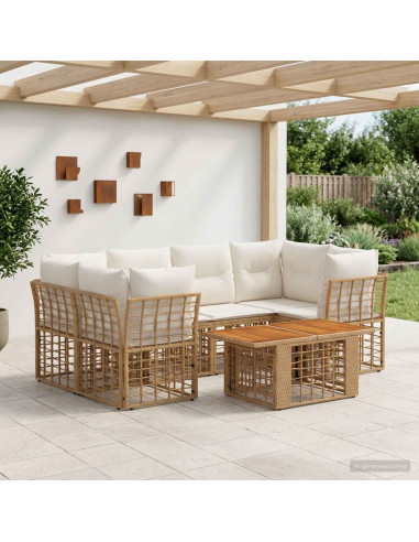 Set Divano da Giardino 7 pz Naturale e Bianco Crema polyrattan