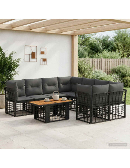 Set Divano da Giardino 9 pz Nero e Grigio scuro polyrattan