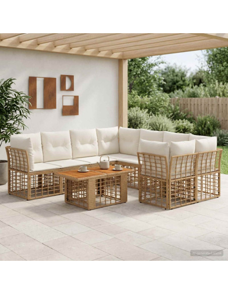 Set Divano da Giardino 9 pz Naturale e Bianco Crema polyrattan