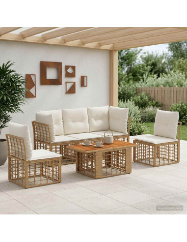 Set Divano da Giardino 6 pz Naturale e Bianco Crema polyrattan