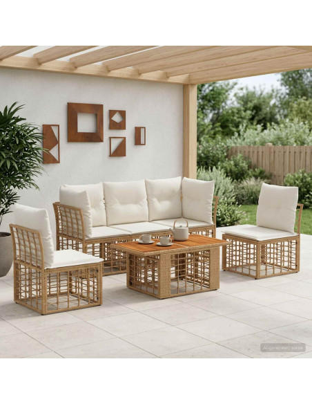 Set Divano da Giardino 6 pz Naturale e Bianco Crema polyrattan