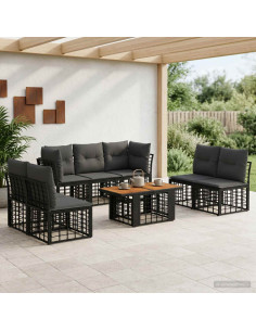 Set Divano da Giardino 8 pz Nero e Grigio scuro polyrattan