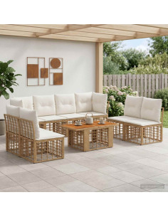 Set Divano da Giardino 9 pz Naturale e Bianco Crema polyrattan
