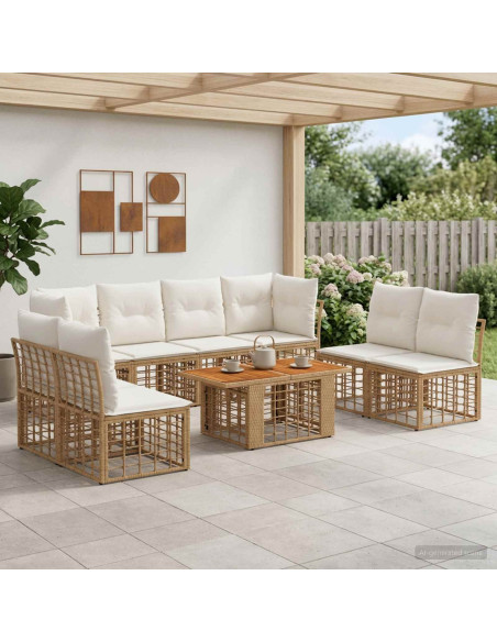 Set Divano da Giardino 9 pz Naturale e Bianco Crema polyrattan